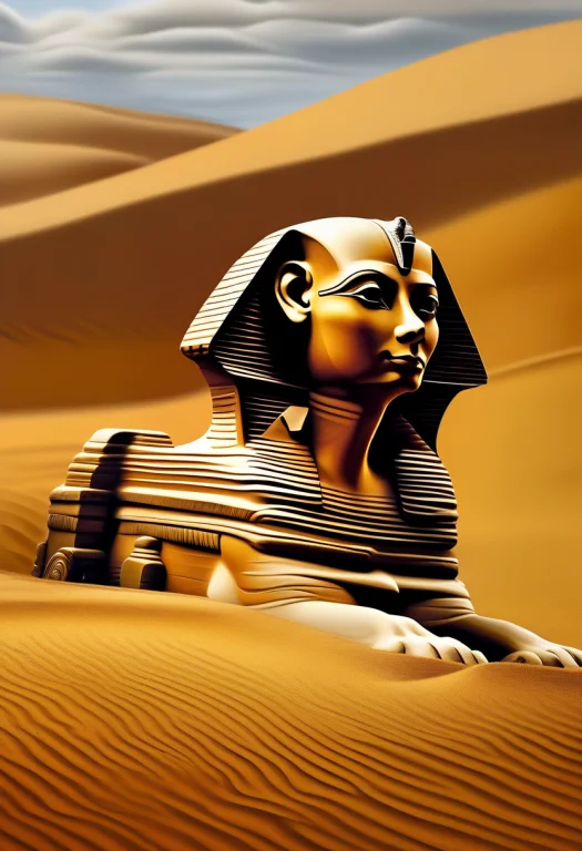 Best Quality, Highly Detailed, A Sphinx Half-buried In Shift...