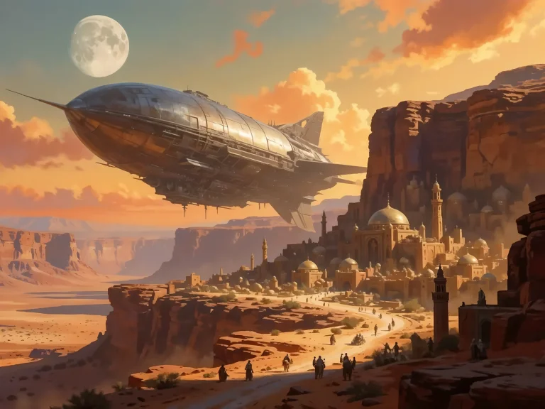 Giant Spaceship Hovering Over Desert City At Sunset Moon In...
