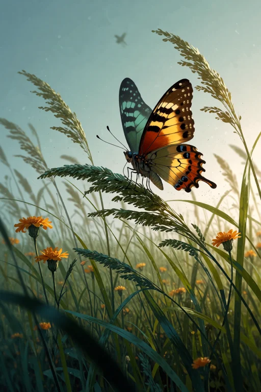 , A Butterfly Flying Through A Quiet Meadow With Tall Grass...