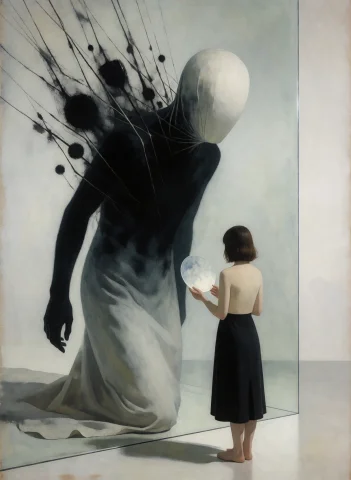 Symbolic Nonfigurative Composition. A Colossal Unsettling Fa... — Stable Diffusion AI Prompt: Symbolic nonfigurative composition. A colossal unsettling faceless entity pullin...