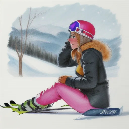 A Drawing Of A Pretty Woman Sitting At A Skiing Loradougsney...