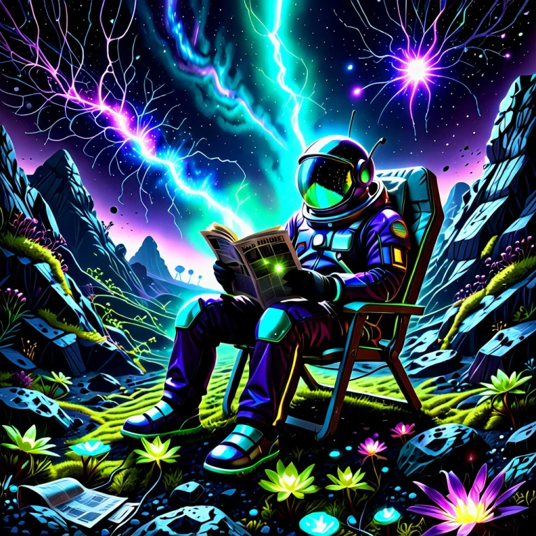 A Cinematic, Wide Shot Of A Lonely Astronaut Sitting On A Fo...