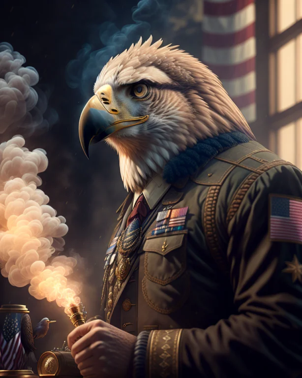 An Eagle In A Military American Suit On The Background Of Th...