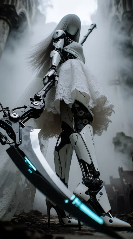 A Dynamic Low-angle Shot Looking Up At A Modern Cyborg Woman...