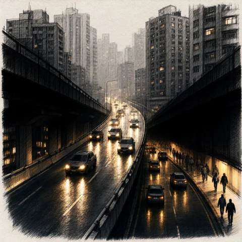 Subject An Elevated Highway Cutting Through A Dense City, Ca... — Stable Diffusion AI Prompt: SUBJECT: An elevated highway cutting through a dense city, cars leaving long ref...
