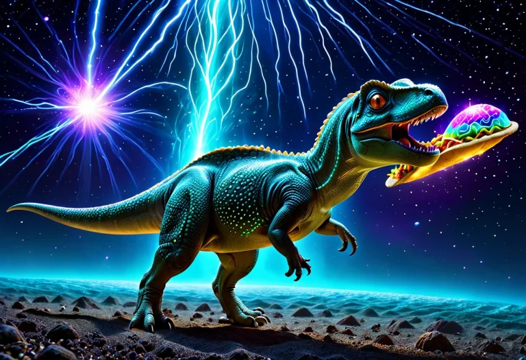 A T-rex Dinosaur Trying To Reach A Floating Bioluminescent C...