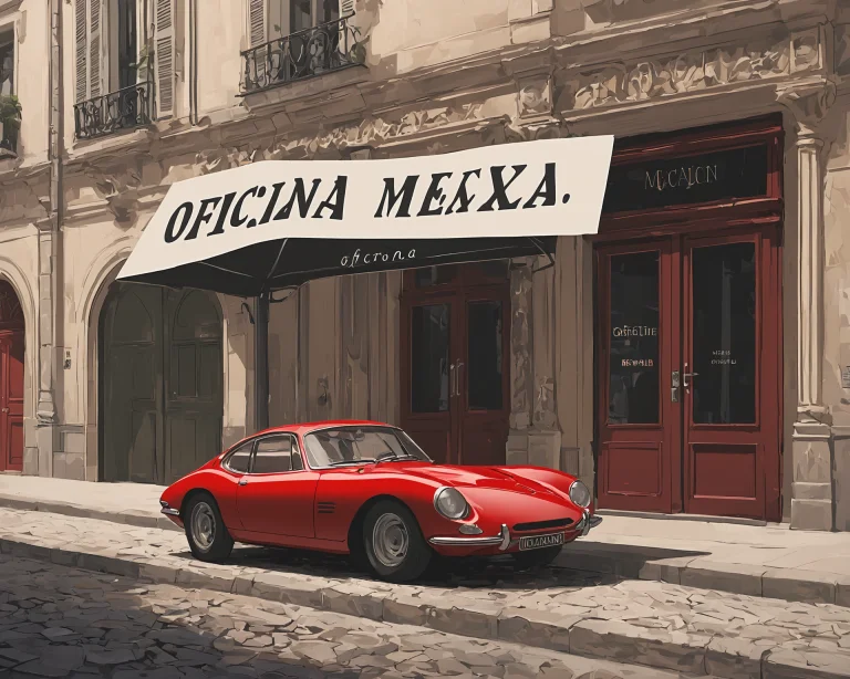 A Red Sports Car Parked In Front Of A Building With A Sign O...