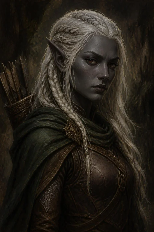 A Detailed Fantasy Portrait Of A Stern Female Drow With Slat...