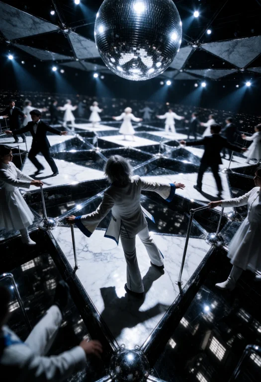 A Vast Dance Arena Hangs Above A Black-and-white City, Its F...