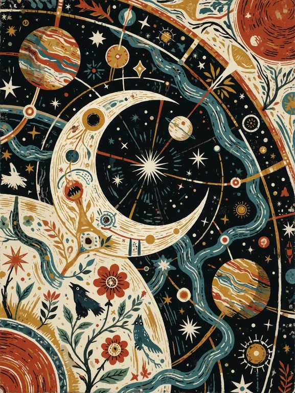 Modern Folk Art Cosmic Illustration, Linocut Woodblock Print...