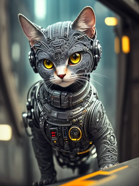 A Cute Kitten, Curious, Cyborg, Cyberpunk Style, Intricate D...