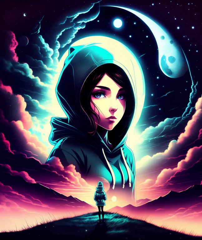 A Woman In A Hoodie Looking At The Camera, Moon In The Backg...