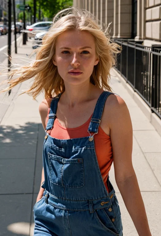 Blonde Woman, Overalls, Sidewalk, City, Summer Day, Closeup,...