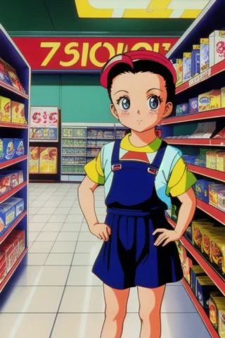 Vintage 90s Anime Style. Half Body, Stylish Baby Model Posin... — Stable Diffusion AI Prompt: Vintage 90's anime style. half body, stylish baby model posing in 7/11 convenien...