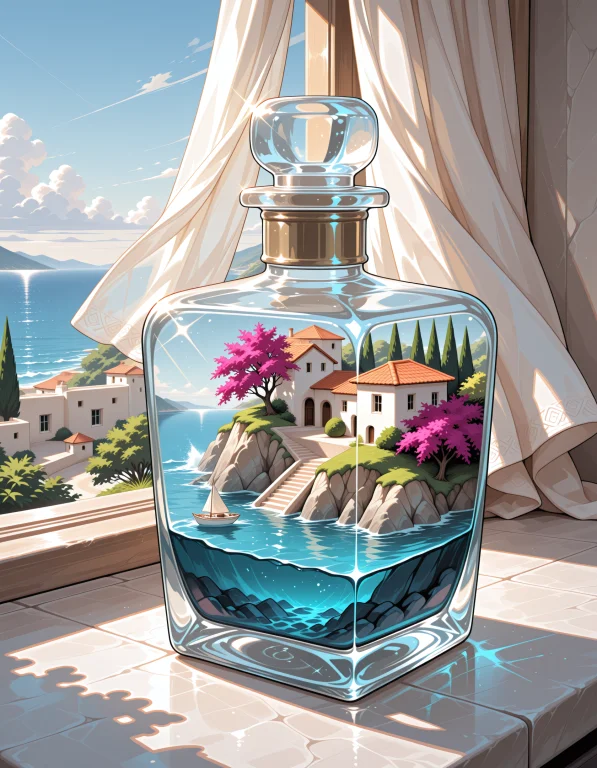 An Antique Crystal Perfume Bottle Stands On A Sun Warmed Pal...