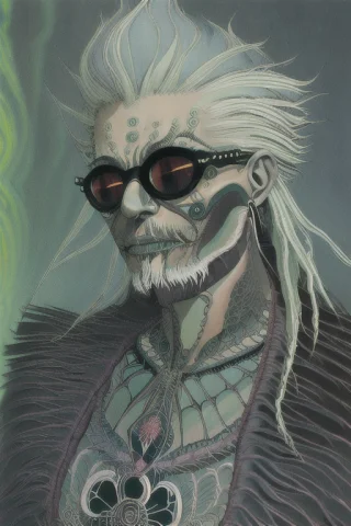 Portrait Of A Male Lich, Old, Evil, Long Flowing Hair, Glass... — Stable Diffusion AI Prompt: portrait of a male lich, old, evil, long flowing hair, glasses, dark, (green ski...