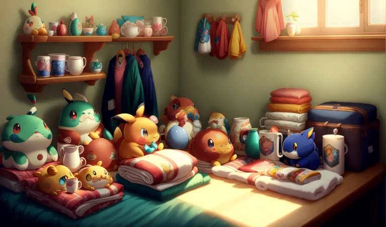 A Table Full Of Merchandise, Stuffed Animals, Tshirts, Mugs,...