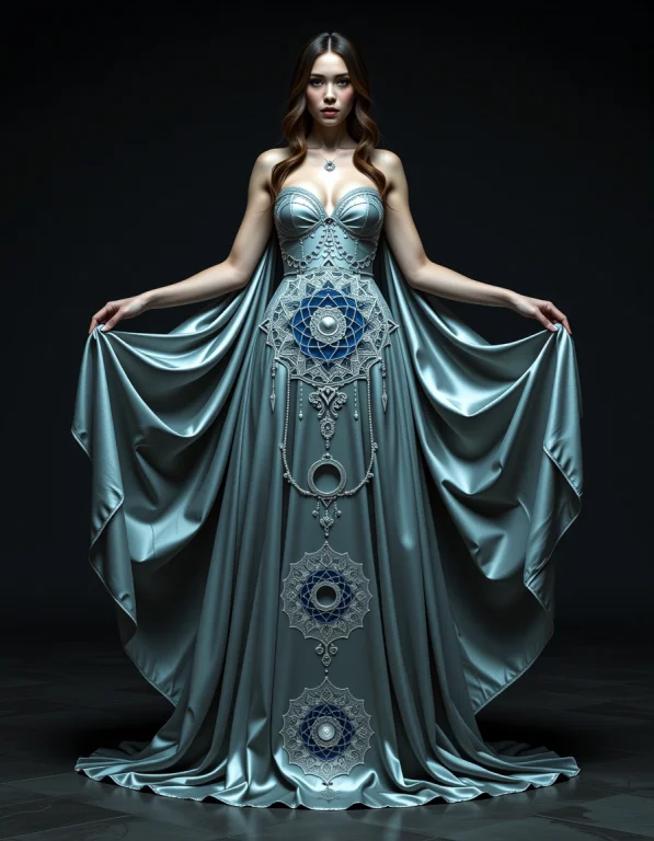 She Stands Serene In A Flowing Ensemble Of Argent Silk That...