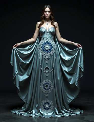 She Stands Serene In A Flowing Ensemble Of Argent Silk That... — Stable Diffusion AI Prompt: She stands serene in a flowing ensemble of argent silk that mirrors the sheen of...
