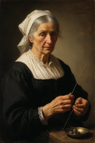 In The Manner Of Rembrandt, Mid-body Oil Portrait Of A 66-ye... — Stable Diffusion AI Prompt: in the manner of Rembrandt, mid-body oil portrait of a 66-year-old woman with a...