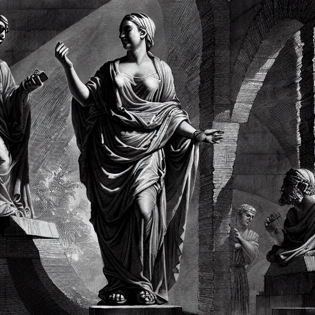 A Black And White Photo Of A Statue Of A Woman With Her Hand...