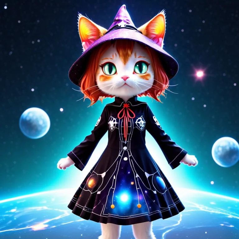 A 3d Chibi Anime Red Hair Cat Girl Wear Cosmos Universe Witc...