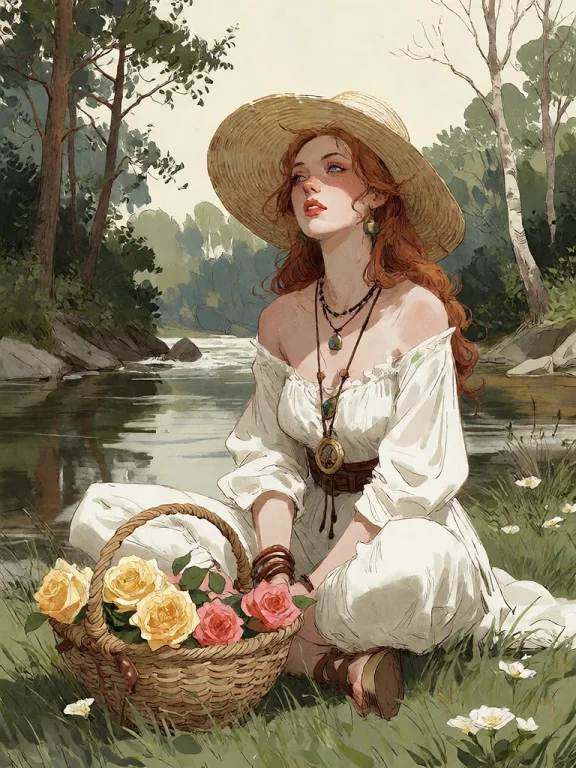 Bradhamel Art Style. A Serene, Red-haired Woman With A Wide-...