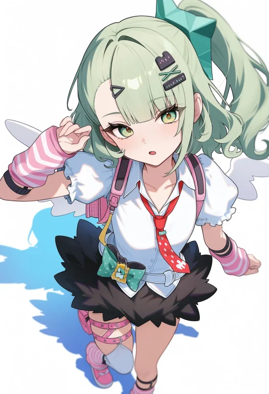 1girl, Sunnazzz, Asymmetrical Bangs, Hair Clips, Green Hair,...
