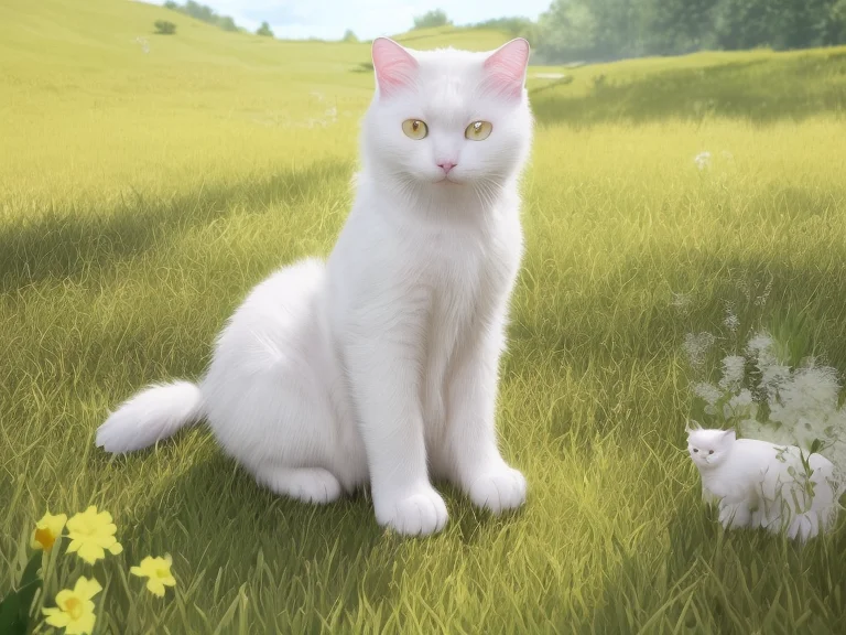 1cat, Maine, White Cat, In A Meadow, Sit, During The Day, Si...