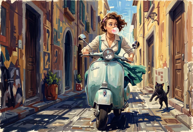 Style Vintage Pulp Art Painting. Ground Level Perspective, L...