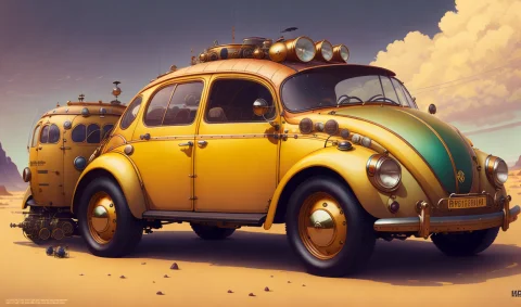Portrait Of A Steampunk Vw Bug Car Made Out Of Spare Parts,... — Stable Diffusion AI Prompt: "Portrait of a steampunk vw bug car made out of spare parts, by Arai Yoshimune,...