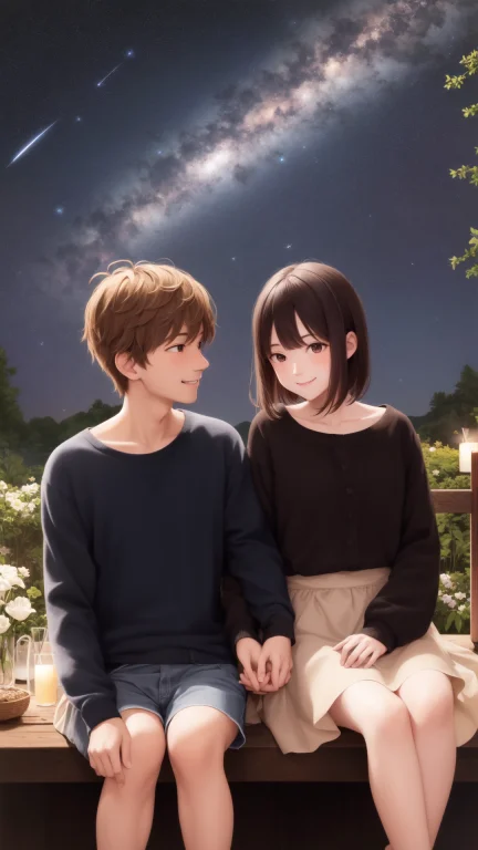 Smiling, Meteor Shower In A Starry Sky, A Couple Sitting Tog...