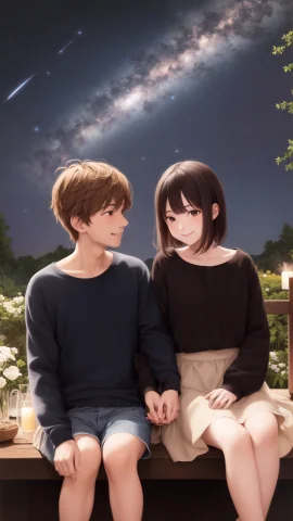 Smiling, Meteor Shower In A Starry Sky, A Couple Sitting Tog... — Stable Diffusion AI Prompt: smiling, Meteor shower in a starry sky, a couple sitting together looking at the...