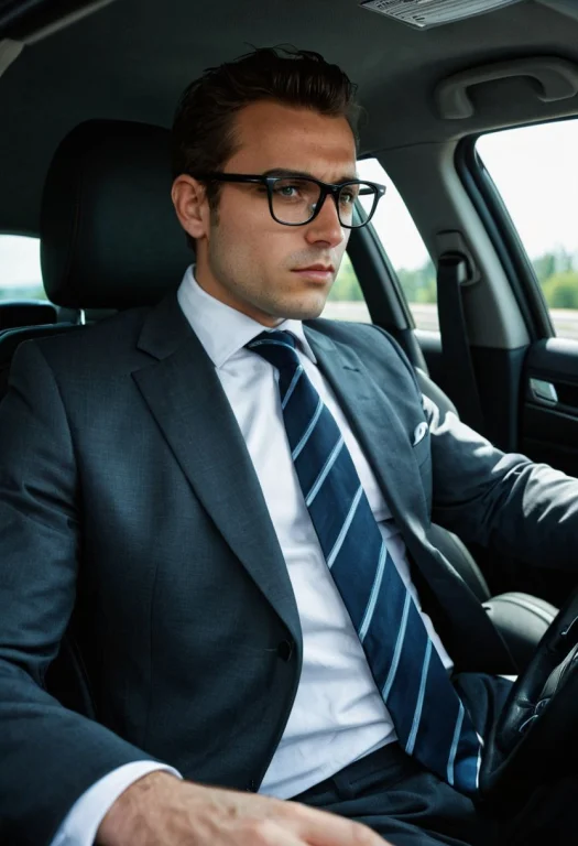 Man Driving A Car, Suit, Tie, Glasses, Highest Quality