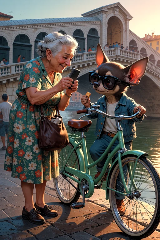 , A Warm Medium Two-shot On The Rialto Bridge At Sunset. An...