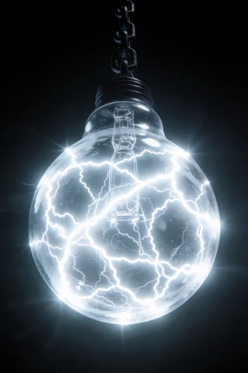 A Giant, Antique Glass Lightbulb Hanging From A Massive Rust...