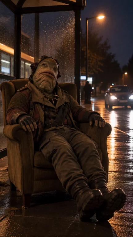 Shyng Alien Man, Three-quarter From Mid-thigh Up, Low Angle,...