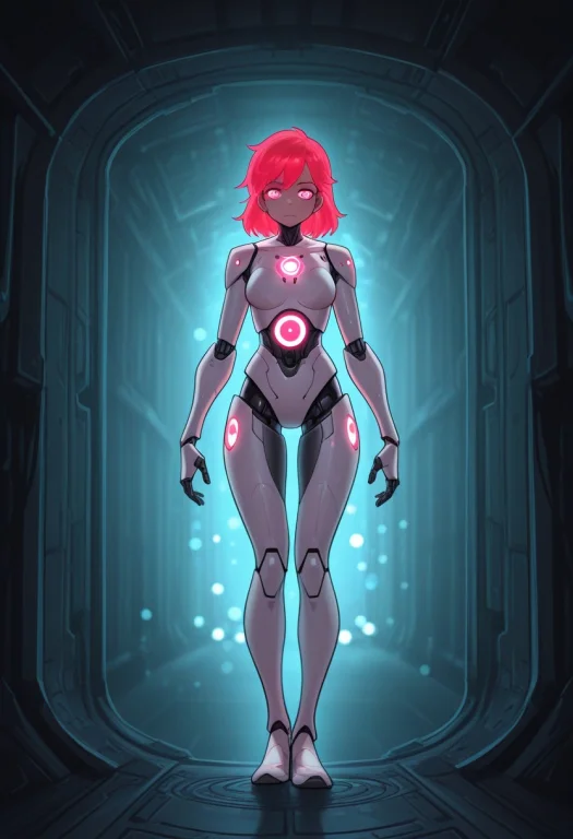 Full Length Shot Of A Futuristic Female With Neon Red Hair,...