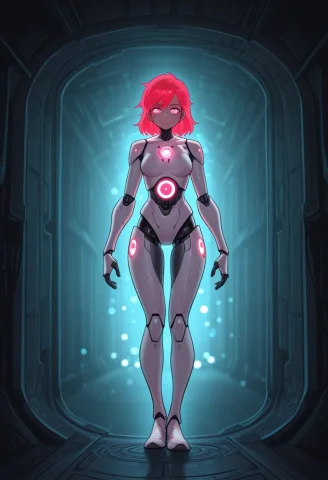 Full Length Shot Of A Futuristic Female With Neon Red Hair,... — Stable Diffusion AI Prompt: (full length shot of a futuristic female with neon red hair, wearing white and p...