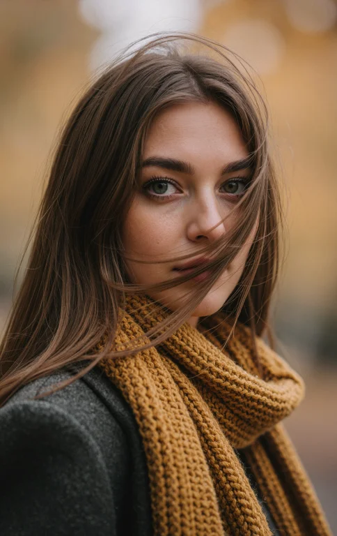 A Candid Autumn Portrait Of A Woman With Long Flowing Brown...