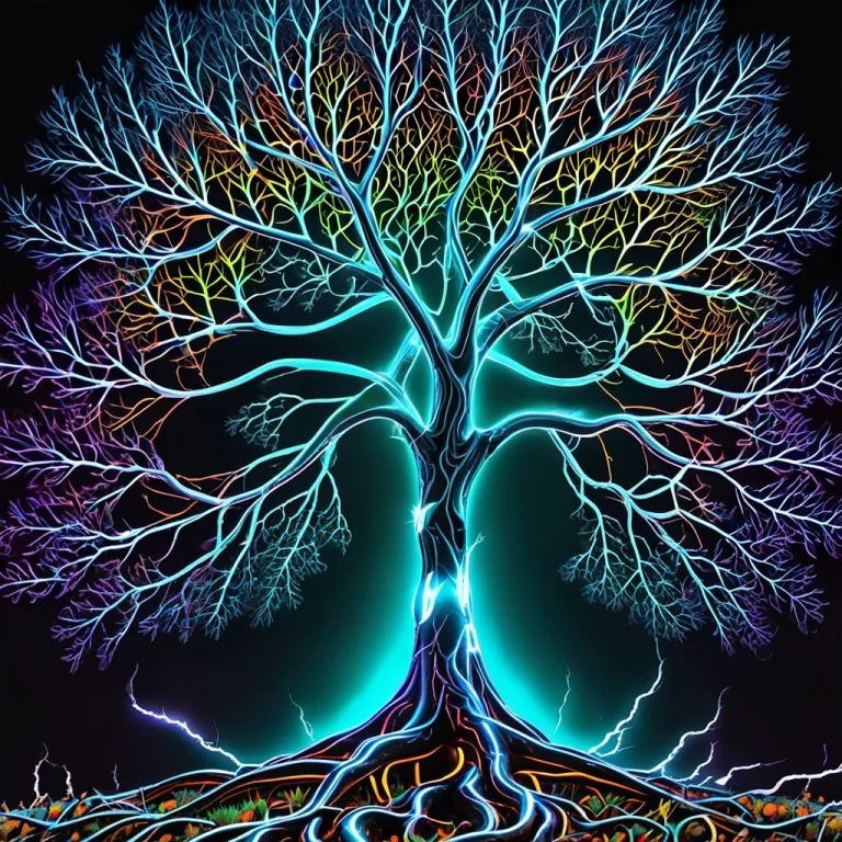 Autumn Tree, Lightning, Leaf, Neon Light, Black Background,...