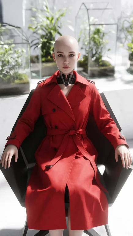 A Woman With A Bald Head And Pale Skin Sits Upright In A Bla...