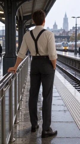 Rygnn Man, Full Length From Behind, Eye-level, Standing At P... — Stable Diffusion AI Prompt: rygnn man, full length from behind, eye-level, standing at platform, hand on rai...