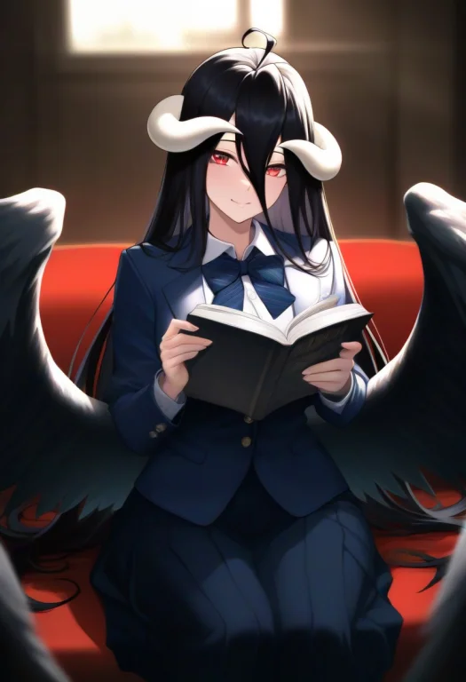 1girl, Albedo Overlord , Solo, Horns, Tail, Wings, Black Hai...