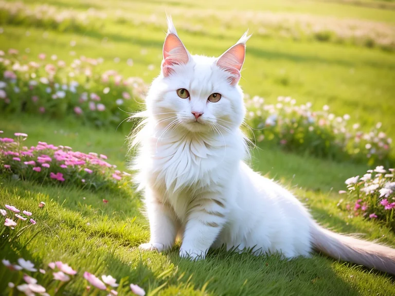 1cat, Maine Coon, Coon Cat, Maine Shag, White Cat, In A Mead...