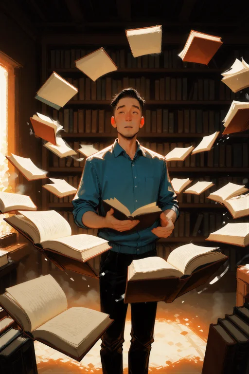 Digital Illustration, A Man Standing Amid A Library As Dozen...