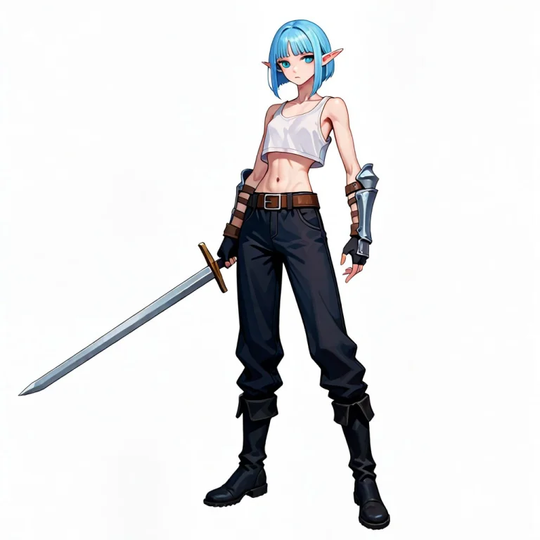 1girl, Standing, Elf, Blue Hair, Medium Bob, Skinny, 2 Sword...