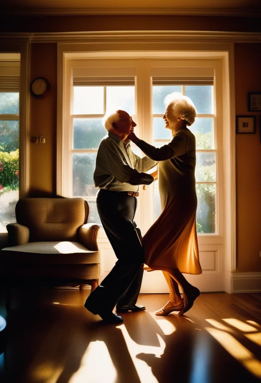 An Elderly Couple Dancing In Their Living Room, Candid Photo...