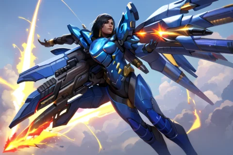 Pharah, Full Power Armor, Justicerain, Thrusters, Jetpack, M... — Stable Diffusion AI Prompt: pharah, full power armor, justicerain, thrusters, jetpack, missiles, fire, conde...