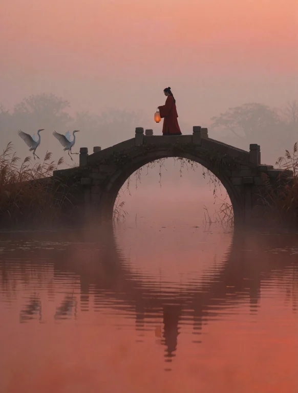 A Lone Figure In A Red Robe Crossing An Old Stone Arch Bridg...